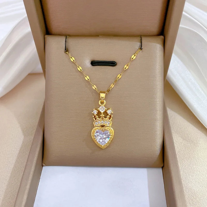 Luxury Full Zicron Shiny Heart Necklace for Women Titanium Steel Gold Color Anti-Tarnish Romantic Pendant Necklace