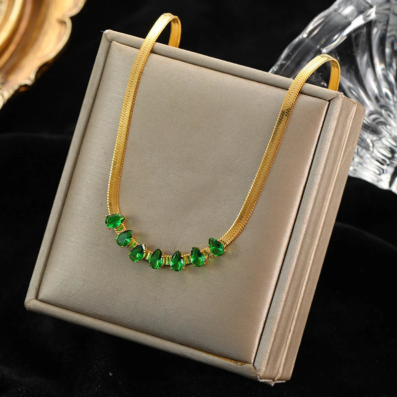 EILIECK 316L Stainless Steel Green Zirconia Crystal Necklace For Women Fashion Luxury Chain Choker Jewelry Party Wedding Gifts
