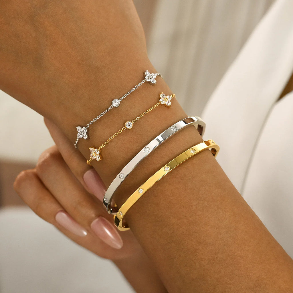 Stainless Steel 18K Gold Plated For Lucky Leaf CZ zircon Bangle Bracelet Set Stackable For Women Crystal clover Jewelry Gifts
