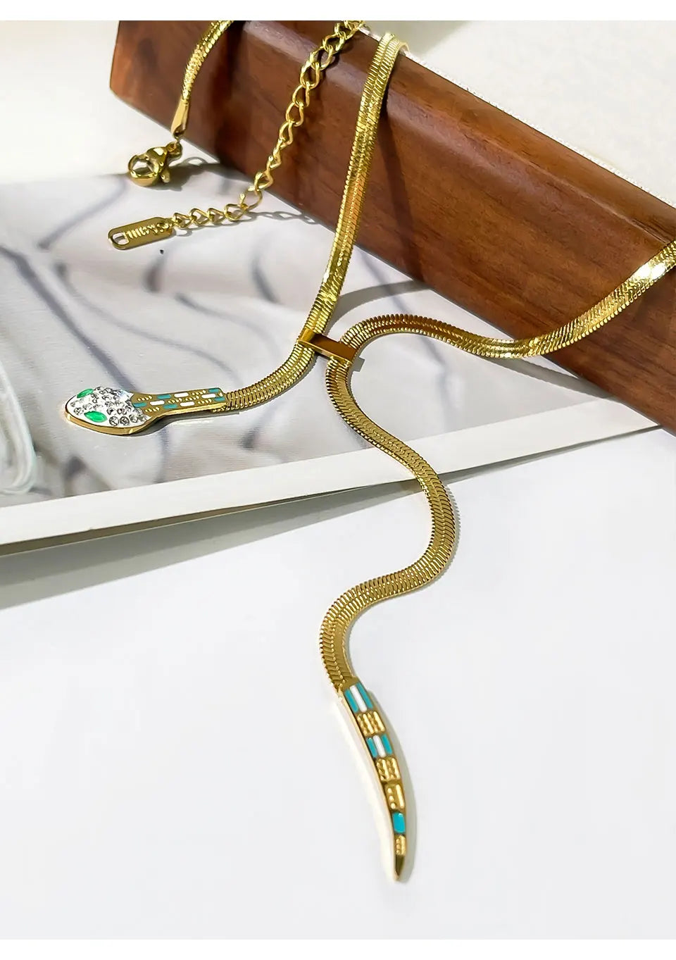 Peri'sbox Dainty Clear Rhinestone Solid Gold Plated Flat Snake Chain Tassel Necklace Stainless Steel Waterproof Women's Jewelry