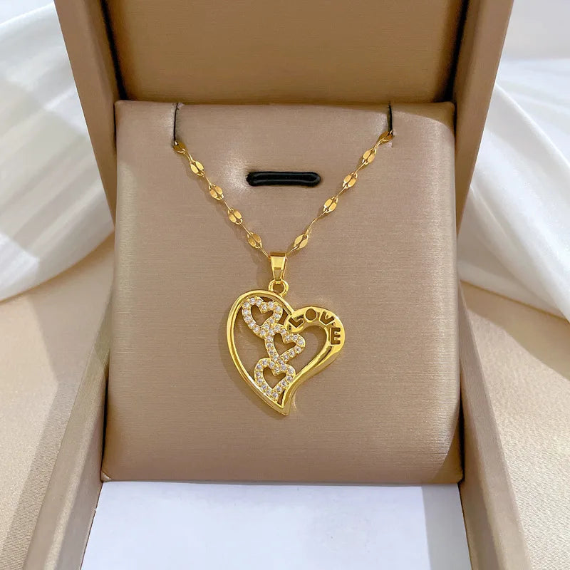Luxury Full Zicron Shiny Heart Necklace for Women Titanium Steel Gold Color Anti-Tarnish Romantic Pendant Necklace
