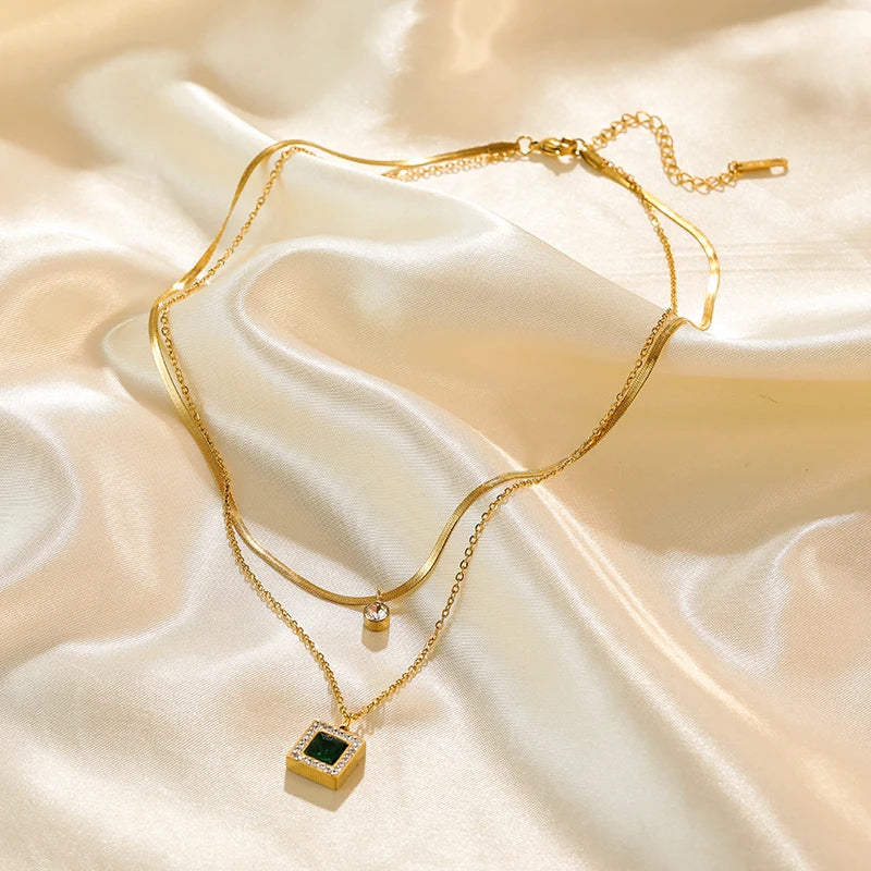 EILIECK 316L Stainless Steel Green Zirconia Crystal Necklace For Women Fashion Luxury Chain Choker Jewelry Party Wedding Gifts