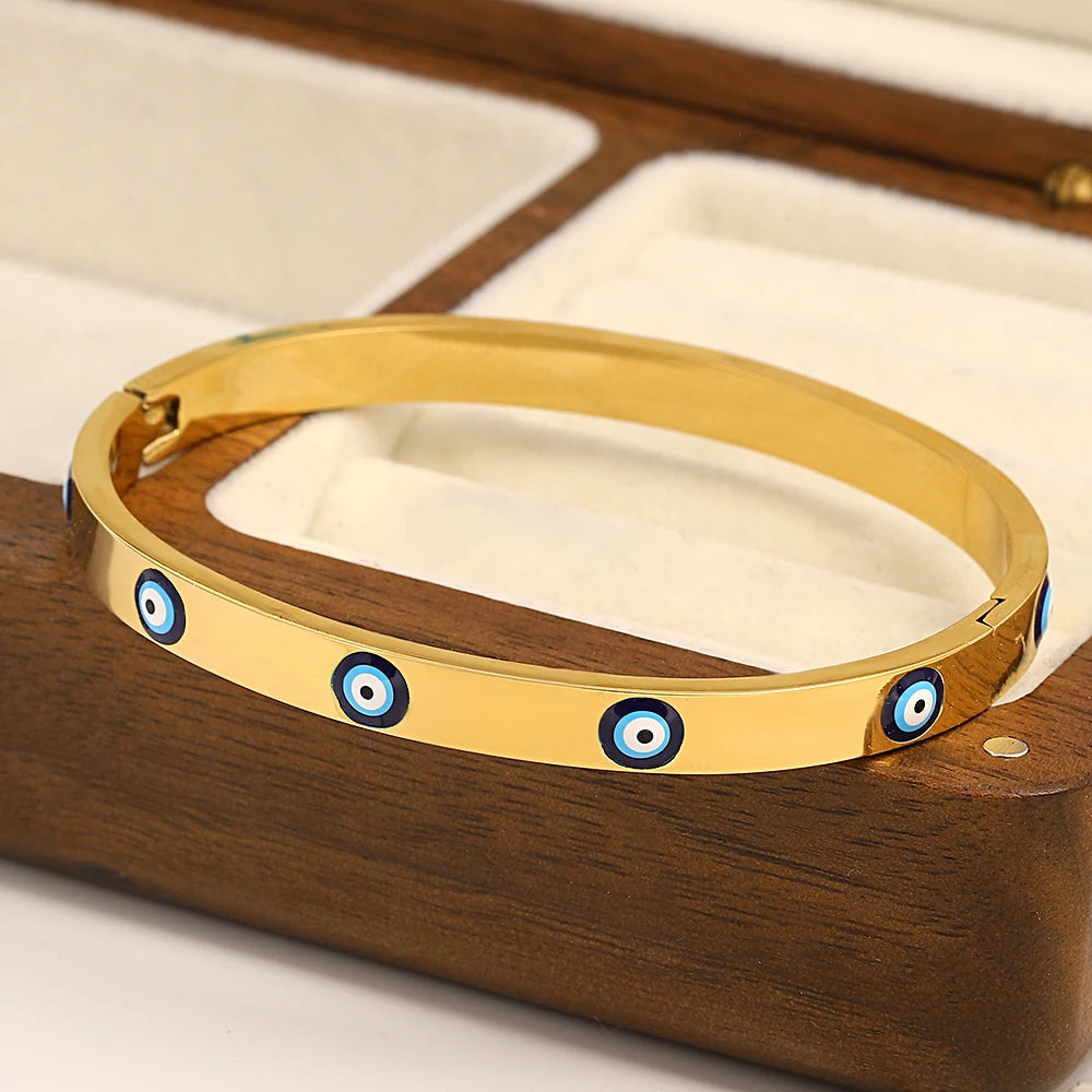1pcs Gold Plated Bracelets For Women Men Evil Eye Simple Slim Bracelets Stainless Steel Cuff Bracelets Daily Party Jewelry Gifts