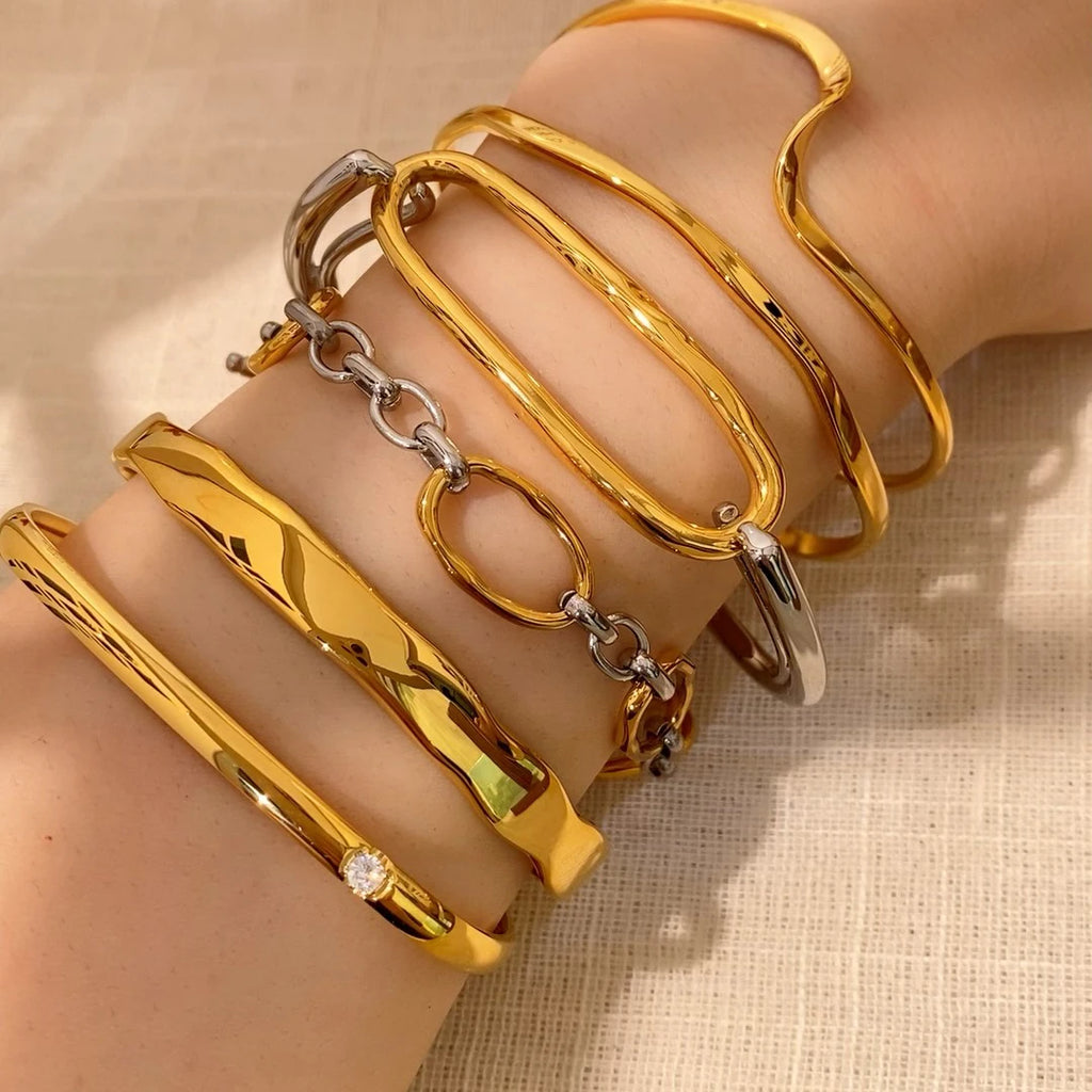 New Gold PVD Plated Two Tone Cuff Open Bangle Non Tarnish Geometric Waterproof Fashion Stainless Steel Jewelry for Women