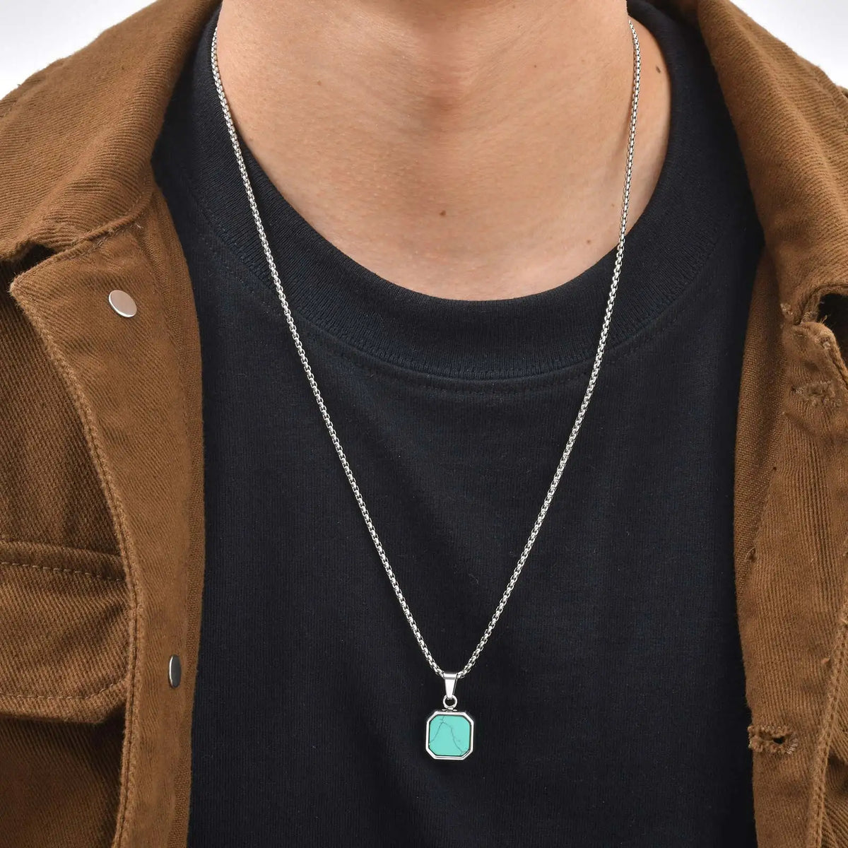Vnox Turquoise Pendant Necklace for Men, Stainless Steel Box Chain Geometric Square Compass Natural Stone Vintage Jewelry Gift