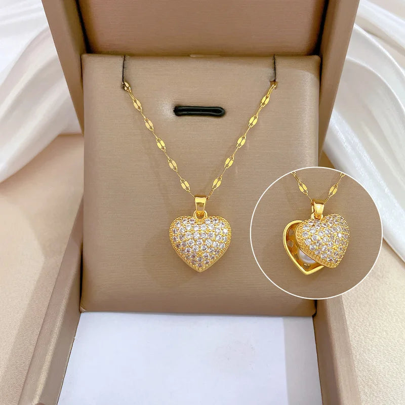 Luxury Full Zicron Shiny Heart Necklace for Women Titanium Steel Gold Color Anti-Tarnish Romantic Pendant Necklace
