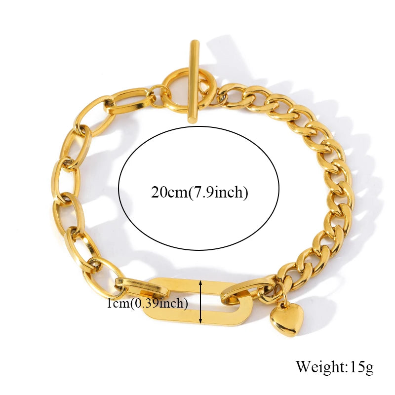 EILIECK 316L Stainless Steel Gold Color Bracelet Bangle Jewelry Charm Metal Texture 18 K Plated Heart Wrist Chain for Women