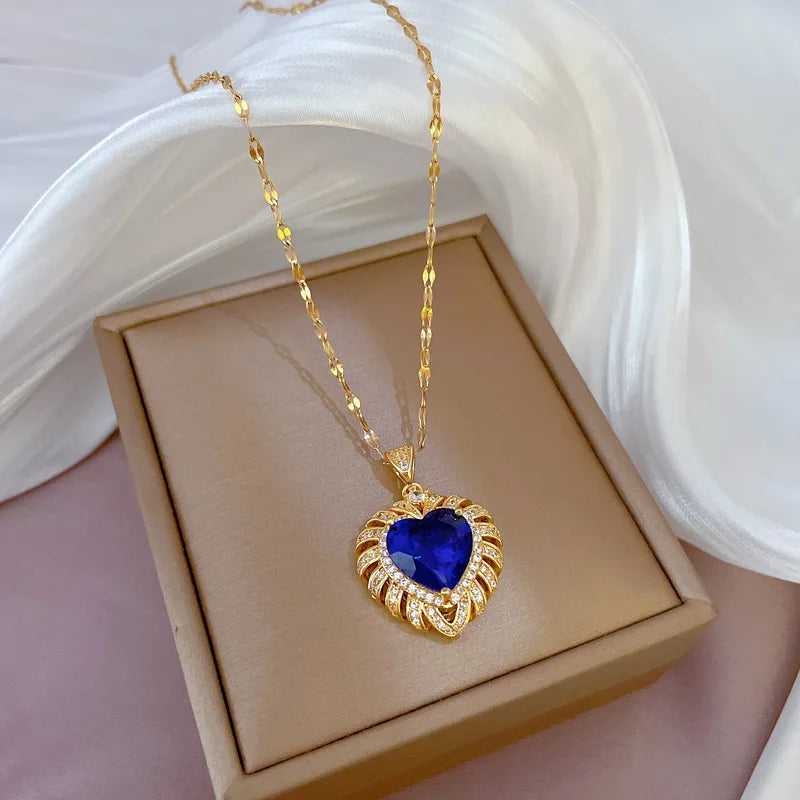 Luxury Full Zicron Shiny Heart Necklace for Women Titanium Steel Gold Color Anti-Tarnish Romantic Pendant Necklace