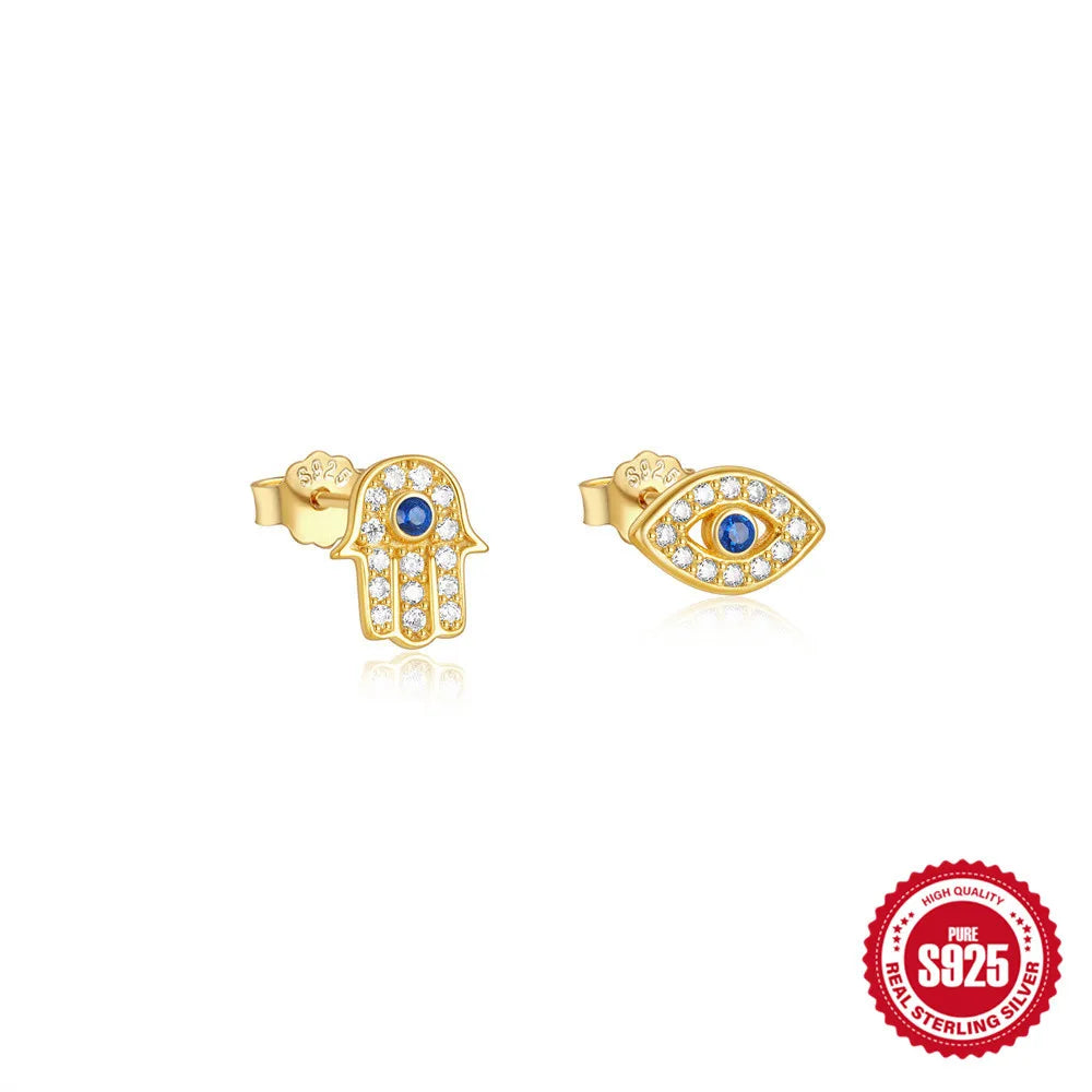 925 Sterling Silver Blue Zircon Evil Eye Stud Earrings for Women Hamsa Fatima's Hand Turkish Eye Earrings Piercing Jewelry
