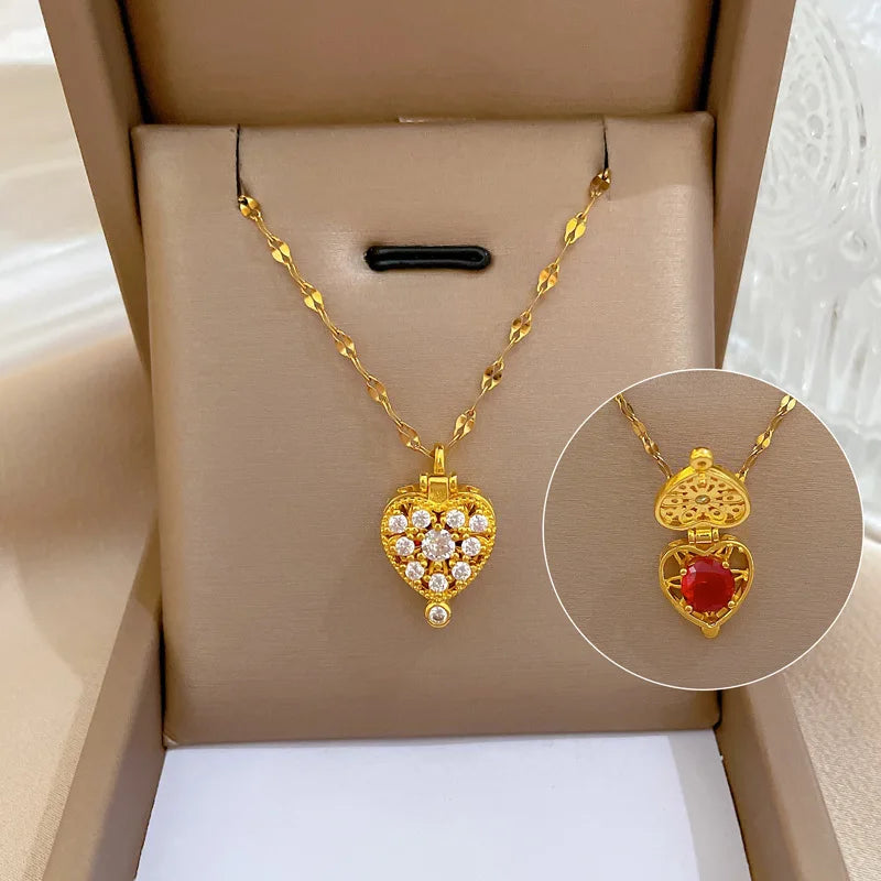 Luxury Full Zicron Shiny Heart Necklace for Women Titanium Steel Gold Color Anti-Tarnish Romantic Pendant Necklace