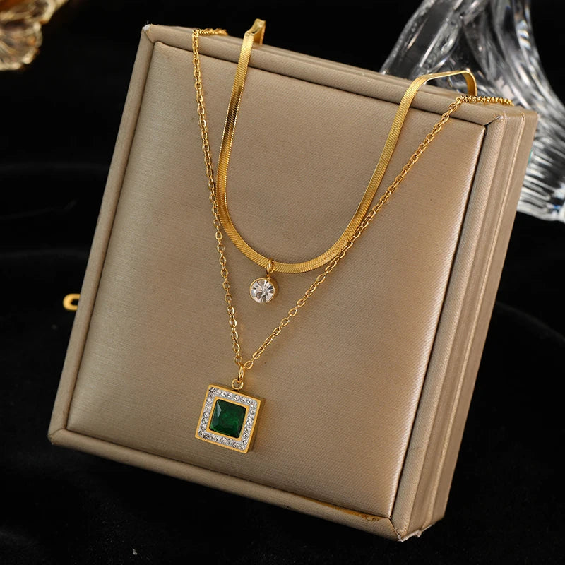 EILIECK 316L Stainless Steel Green Zirconia Crystal Necklace For Women Fashion Luxury Chain Choker Jewelry Party Wedding Gifts