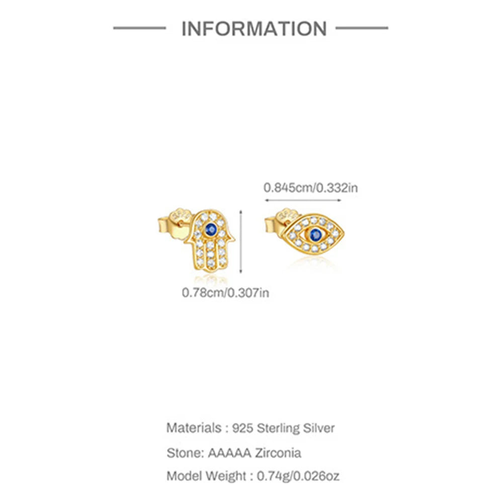 925 Sterling Silver Blue Zircon Evil Eye Stud Earrings for Women Hamsa Fatima's Hand Turkish Eye Earrings Piercing Jewelry