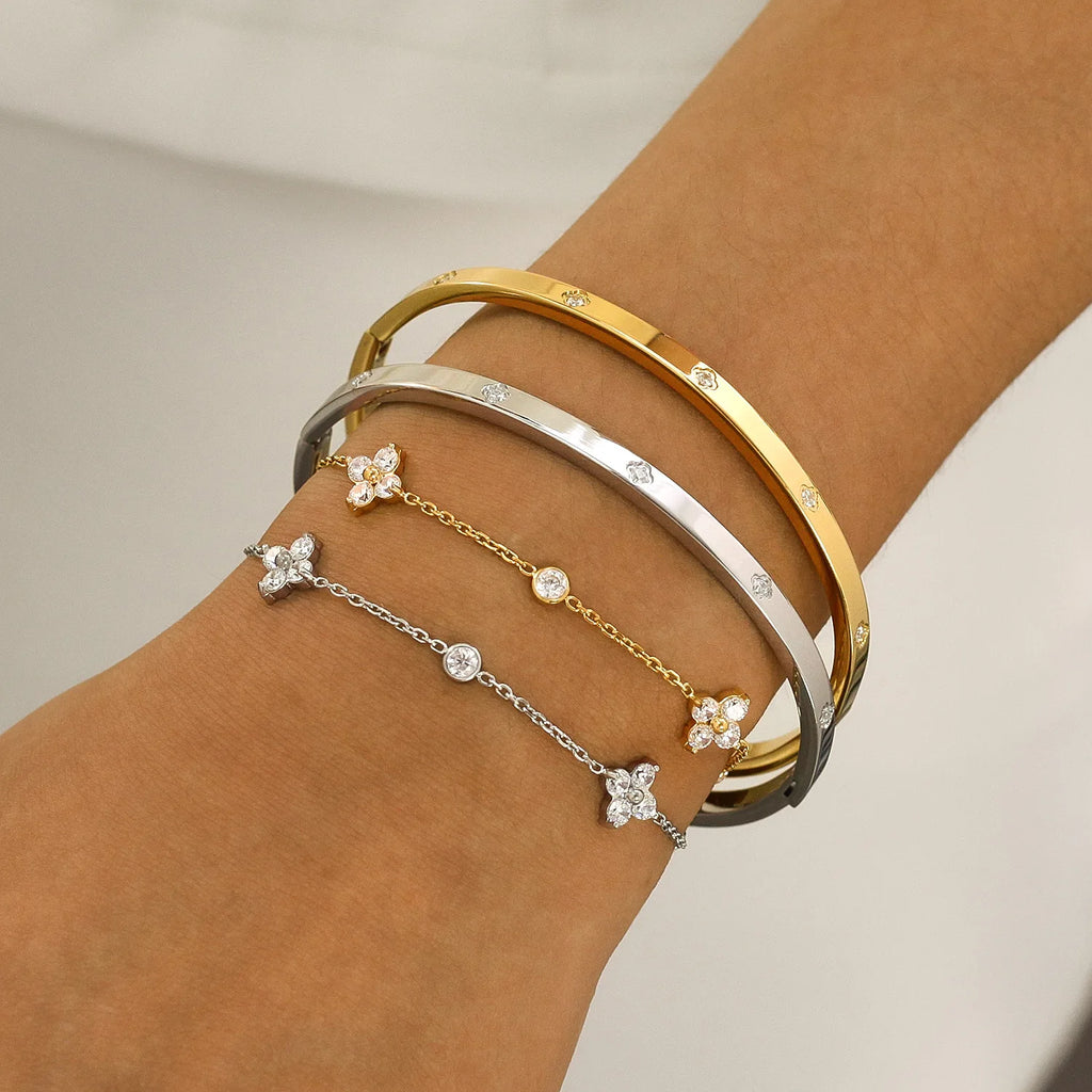 Stainless Steel 18K Gold Plated For Lucky Leaf CZ zircon Bangle Bracelet Set Stackable For Women Crystal clover Jewelry Gifts