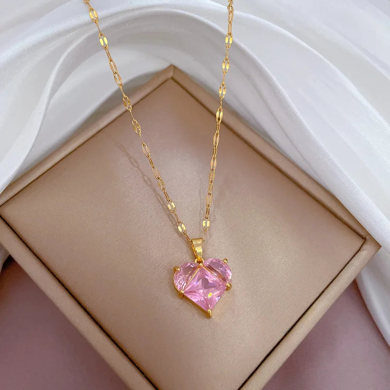 Luxury Full Zicron Shiny Heart Necklace for Women Titanium Steel Gold Color Anti-Tarnish Romantic Pendant Necklace