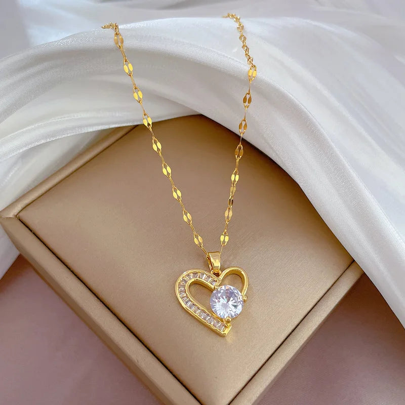 Luxury Full Zicron Shiny Heart Necklace for Women Titanium Steel Gold Color Anti-Tarnish Romantic Pendant Necklace