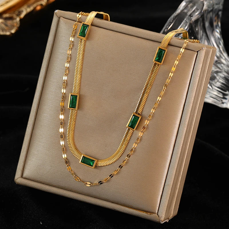 EILIECK 316L Stainless Steel Green Zirconia Crystal Necklace For Women Fashion Luxury Chain Choker Jewelry Party Wedding Gifts
