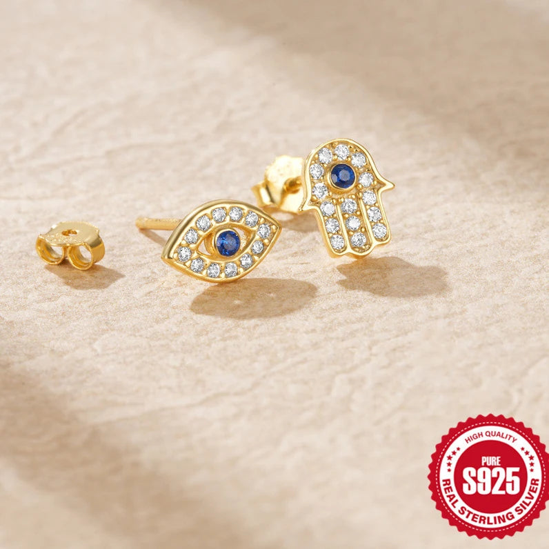 925 Sterling Silver Blue Zircon Evil Eye Stud Earrings for Women Hamsa Fatima's Hand Turkish Eye Earrings Piercing Jewelry