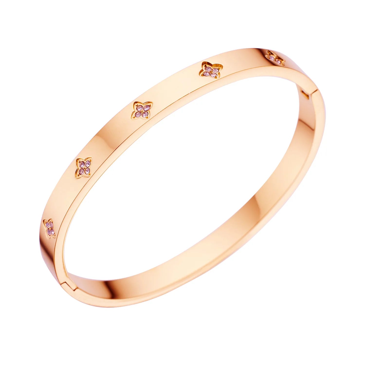 VQYSKO Lucky Four Leaf Grass Zircon Bracelets Luxury Design Rose Color Stainless Steel  For Women Birthday Gift