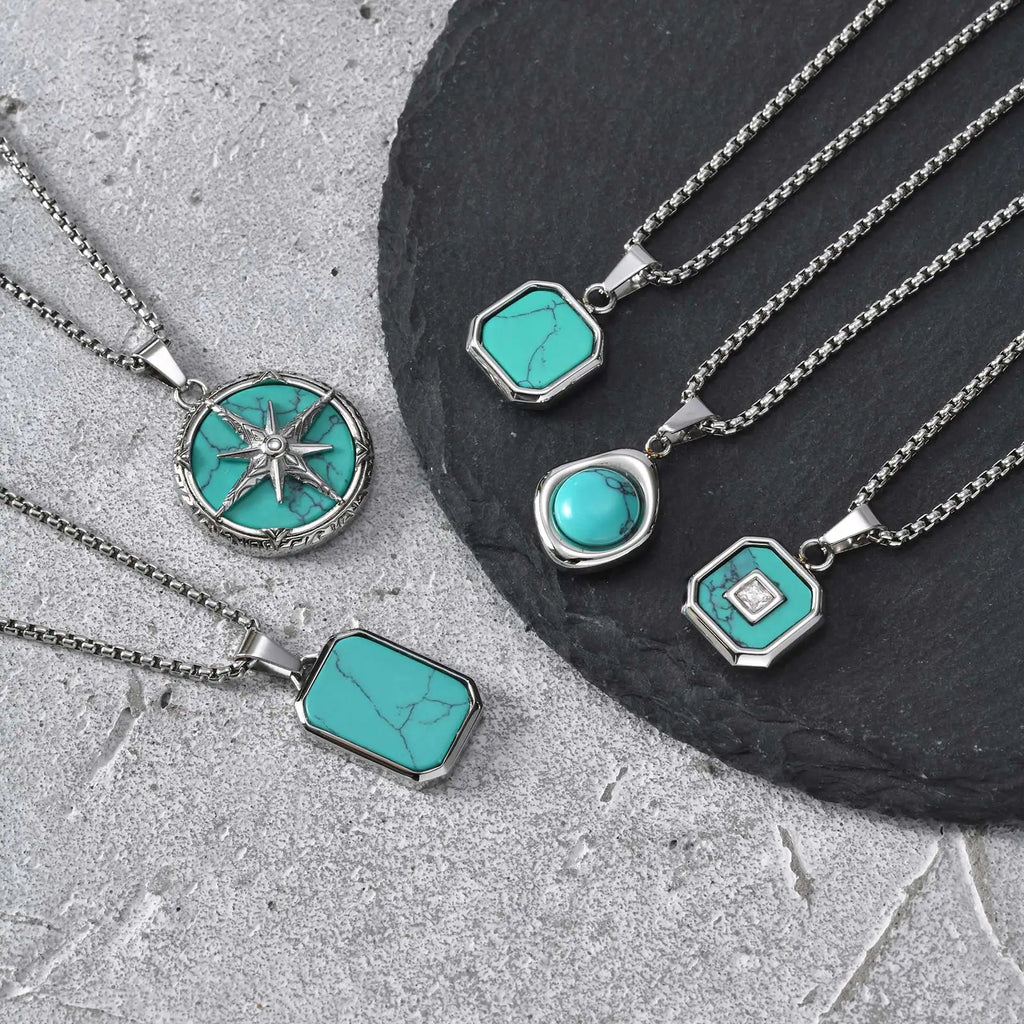 Vnox Turquoise Pendant Necklace for Men, Stainless Steel Box Chain Geometric Square Compass Natural Stone Vintage Jewelry Gift