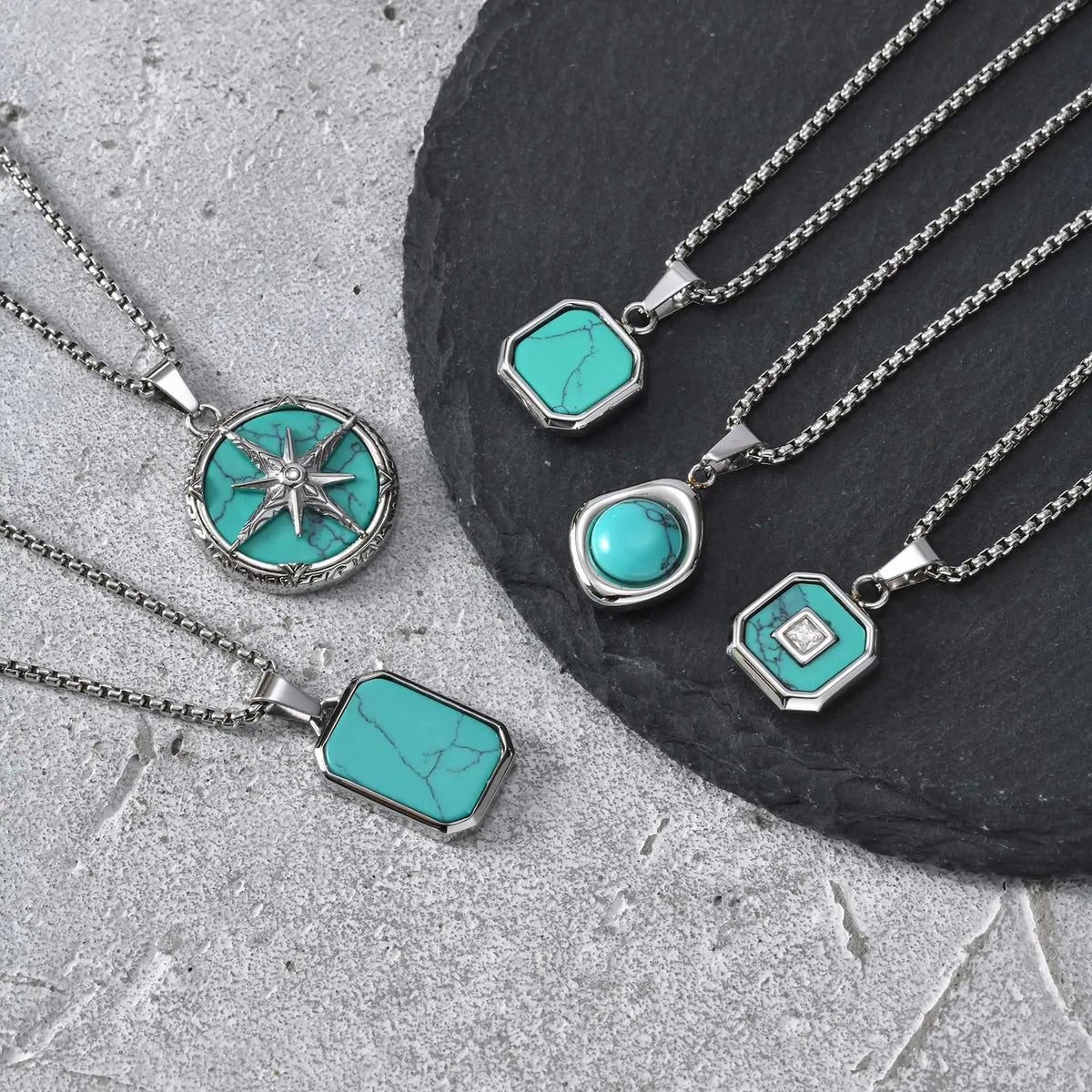 Vnox Turquoise Pendant Necklace for Men, Stainless Steel Box Chain Geometric Square Compass Natural Stone Vintage Jewelry Gift