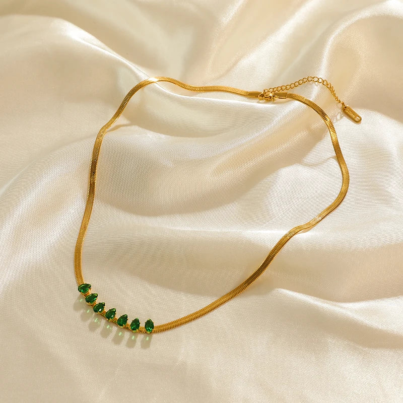 EILIECK 316L Stainless Steel Green Zirconia Crystal Necklace For Women Fashion Luxury Chain Choker Jewelry Party Wedding Gifts