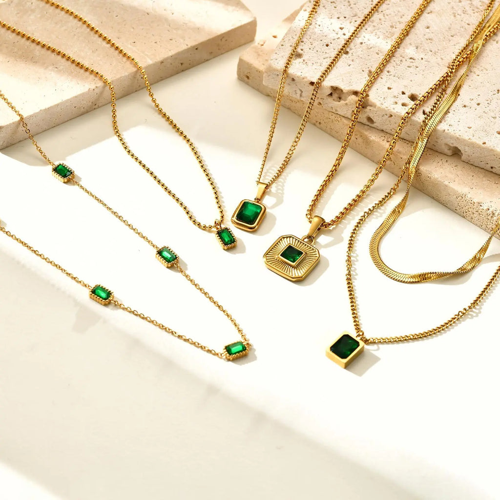 Retro Green Zircon Pendant Necklace For Women, Crystal Stone Chain Stainless Steel Gold Plated Luxury Birthday Gifts
