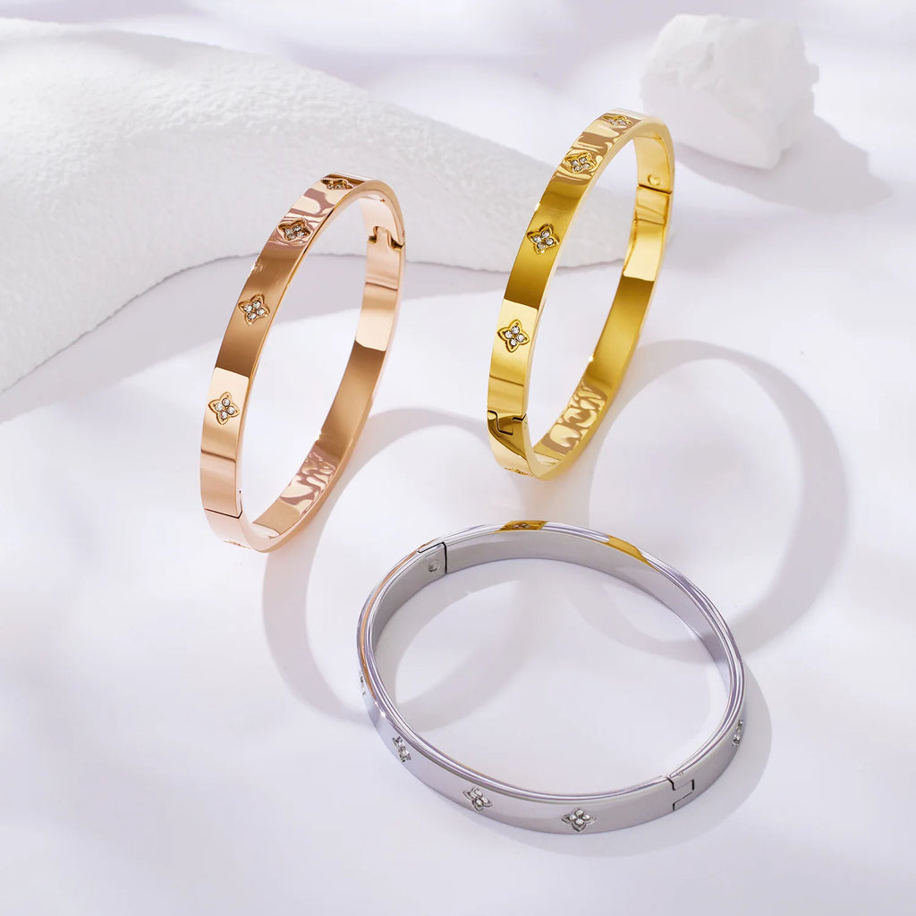 VQYSKO Lucky Four Leaf Grass Zircon Bracelets Luxury Design Rose Color Stainless Steel  For Women Birthday Gift