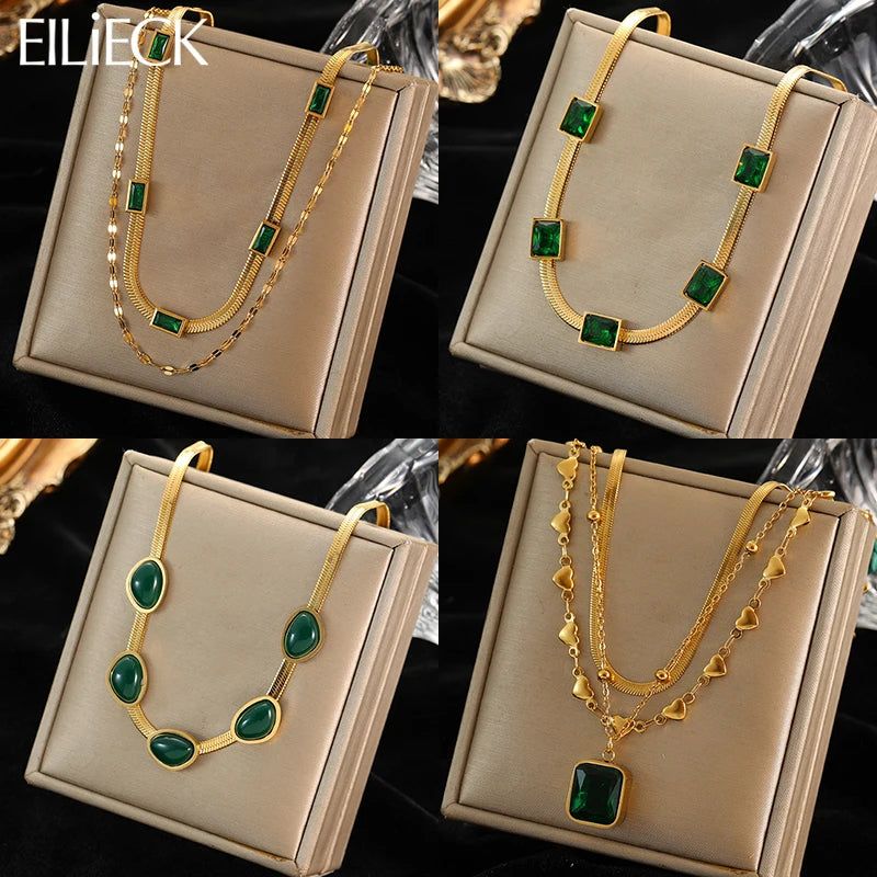 EILIECK 316L Stainless Steel Green Zirconia Crystal Necklace For Women Fashion Luxury Chain Choker Jewelry Party Wedding Gifts
