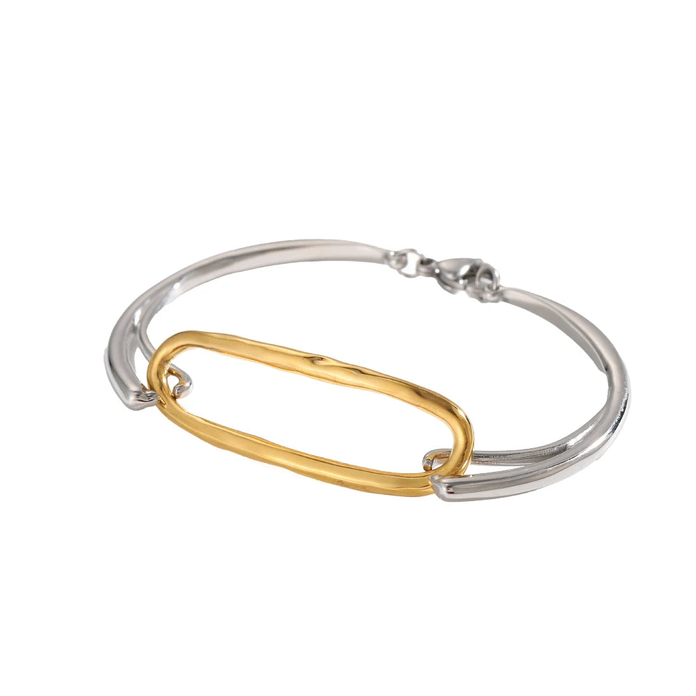 New Gold PVD Plated Two Tone Cuff Open Bangle Non Tarnish Geometric Waterproof Fashion Stainless Steel Jewelry for Women