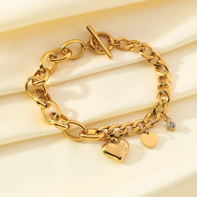 EILIECK 316L Stainless Steel Gold Color Bracelet Bangle Jewelry Charm Metal Texture 18 K Plated Heart Wrist Chain for Women