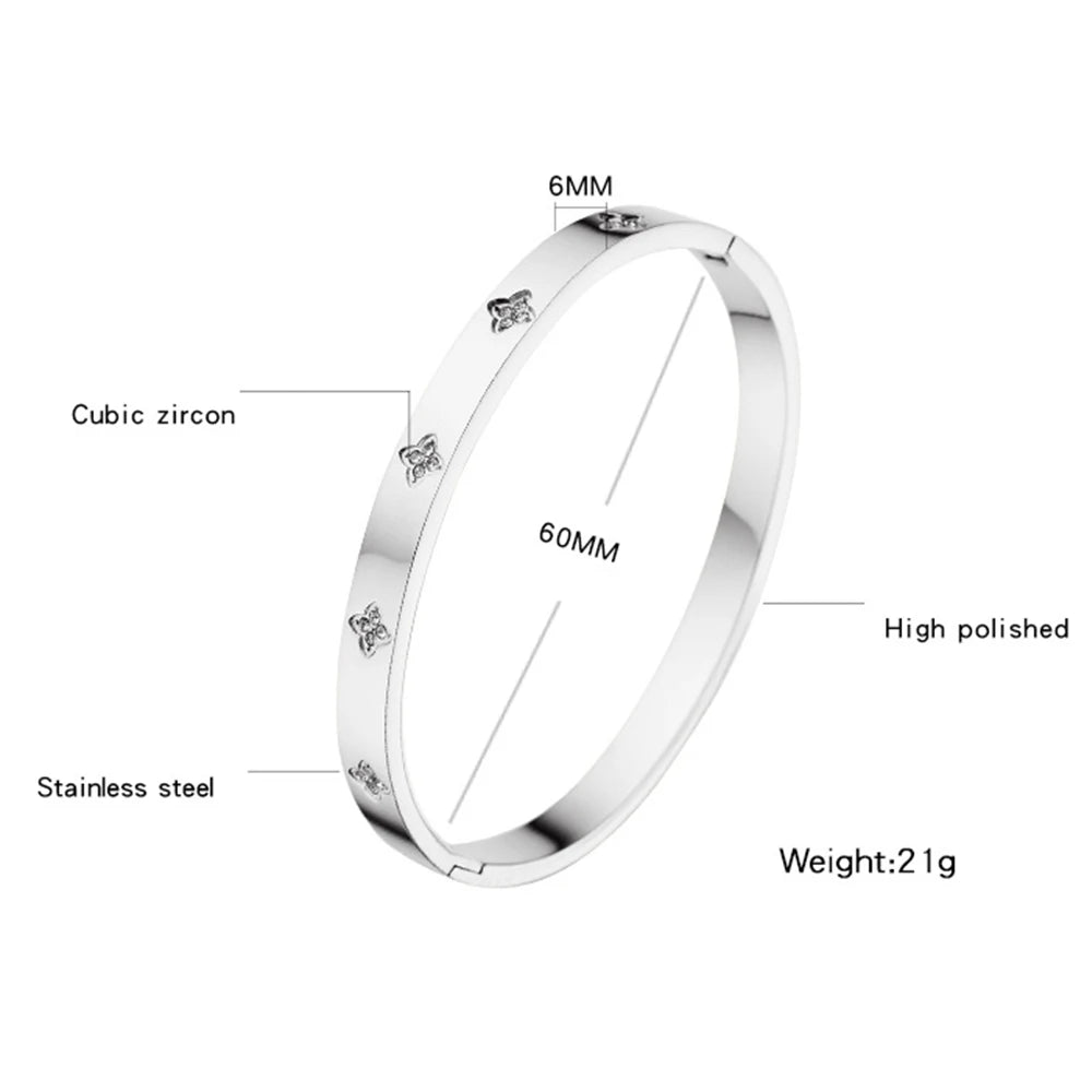 VQYSKO Lucky Four Leaf Grass Zircon Bracelets Luxury Design Rose Color Stainless Steel  For Women Birthday Gift