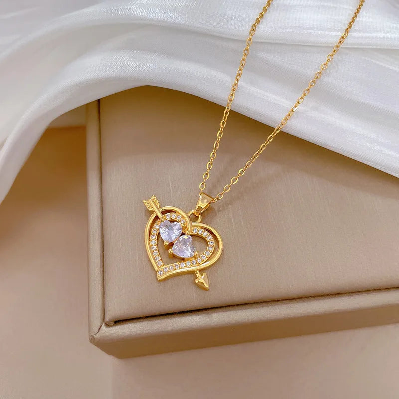 Luxury Full Zicron Shiny Heart Necklace for Women Titanium Steel Gold Color Anti-Tarnish Romantic Pendant Necklace