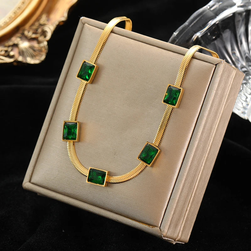 EILIECK 316L Stainless Steel Green Zirconia Crystal Necklace For Women Fashion Luxury Chain Choker Jewelry Party Wedding Gifts