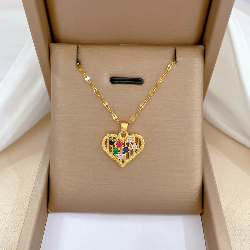Luxury Full Zicron Shiny Heart Necklace for Women Titanium Steel Gold Color Anti-Tarnish Romantic Pendant Necklace