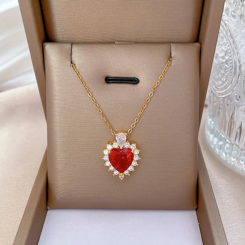 Luxury Full Zicron Shiny Heart Necklace for Women Titanium Steel Gold Color Anti-Tarnish Romantic Pendant Necklace