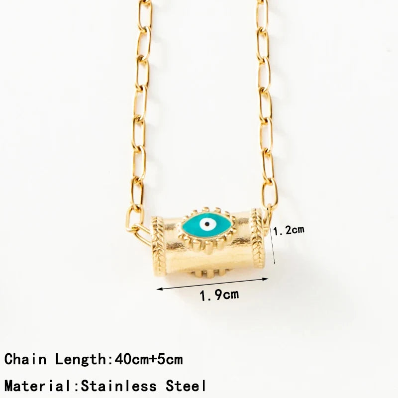 Stainless Steel Snake Chain Round Oval Evil Eye Charms Pendant Neckalce For Women Inlaid Natural Stone Clavicle Necklace Jewelry
