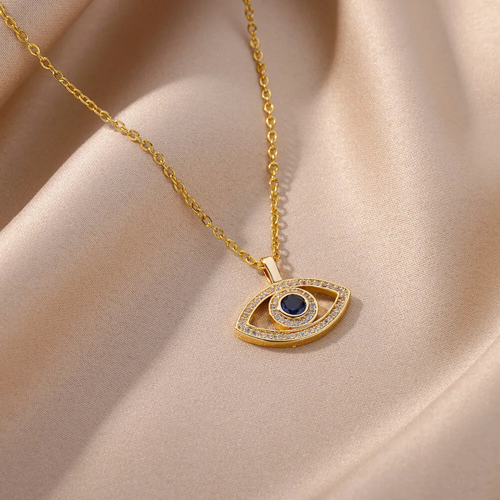 Zircon Blue Evil Eye Necklace for Women Gold Color Stainless Steel Turkish Eye Pendant Necklaces Lucky Jewelry Gift collier femm