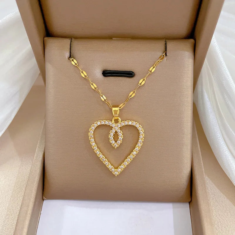 Luxury Full Zicron Shiny Heart Necklace for Women Titanium Steel Gold Color Anti-Tarnish Romantic Pendant Necklace