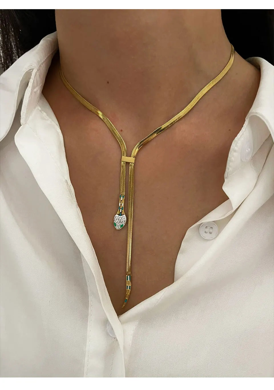 Peri'sbox Dainty Clear Rhinestone Solid Gold Plated Flat Snake Chain Tassel Necklace Stainless Steel Waterproof Women's Jewelry