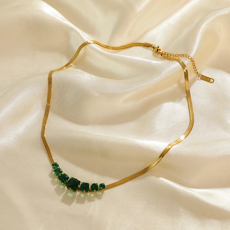 EILIECK 316L Stainless Steel Green Zirconia Crystal Necklace For Women Fashion Luxury Chain Choker Jewelry Party Wedding Gifts