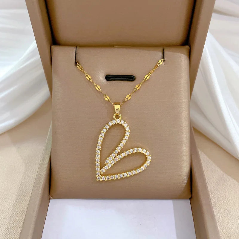 Luxury Full Zicron Shiny Heart Necklace for Women Titanium Steel Gold Color Anti-Tarnish Romantic Pendant Necklace