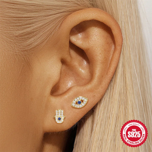 925 Sterling Silver Blue Zircon Evil Eye Stud Earrings for Women Hamsa Fatima's Hand Turkish Eye Earrings Piercing Jewelry