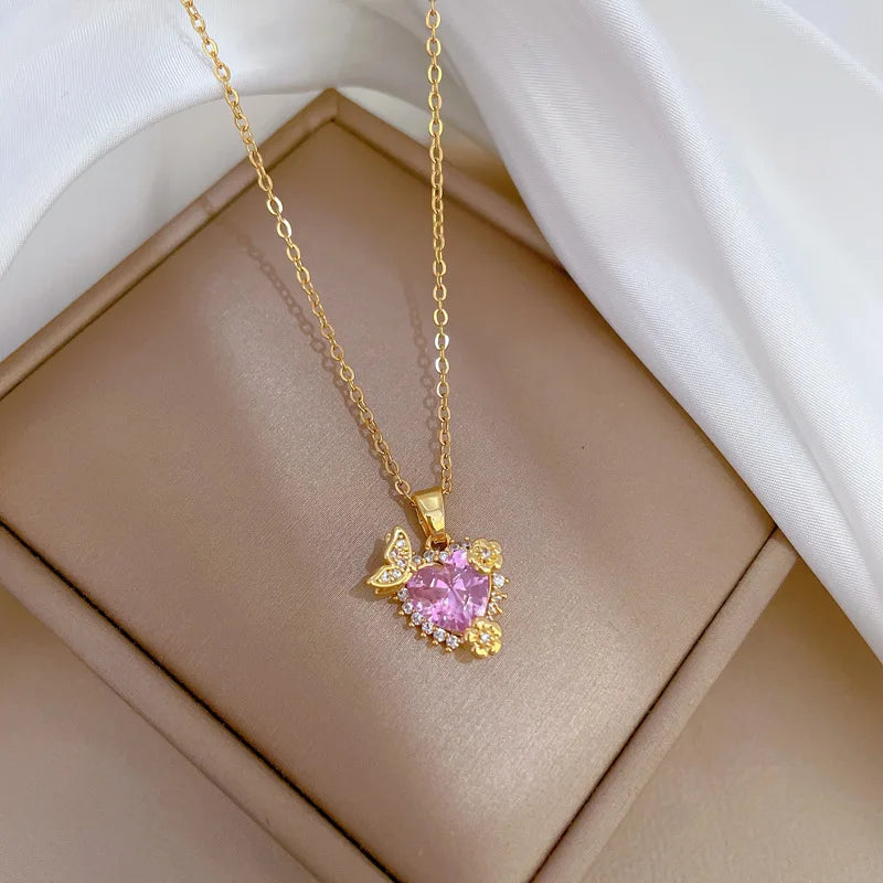 Luxury Full Zicron Shiny Heart Necklace for Women Titanium Steel Gold Color Anti-Tarnish Romantic Pendant Necklace
