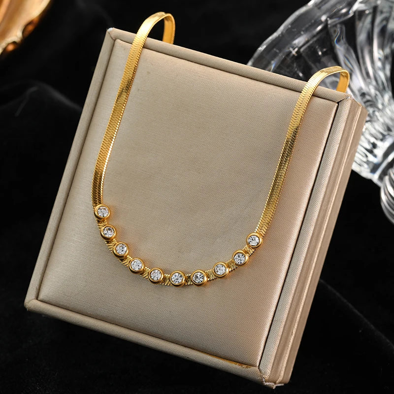 EILIECK 316L Stainless Steel Gold Color Zircon Necklace For Women Simple Style Chain Choker Fashion Wedding Necklaces Jewelry