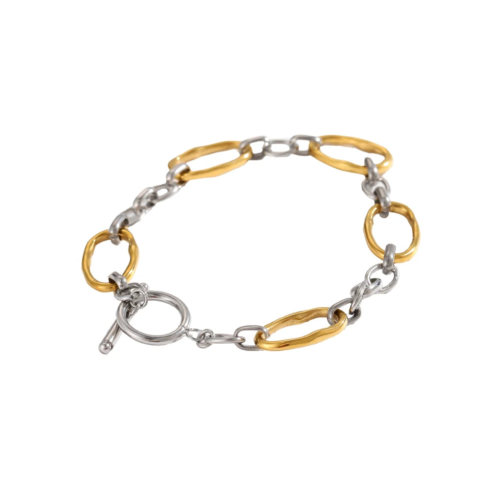 New Gold PVD Plated Two Tone Cuff Open Bangle Non Tarnish Geometric Waterproof Fashion Stainless Steel Jewelry for Women
