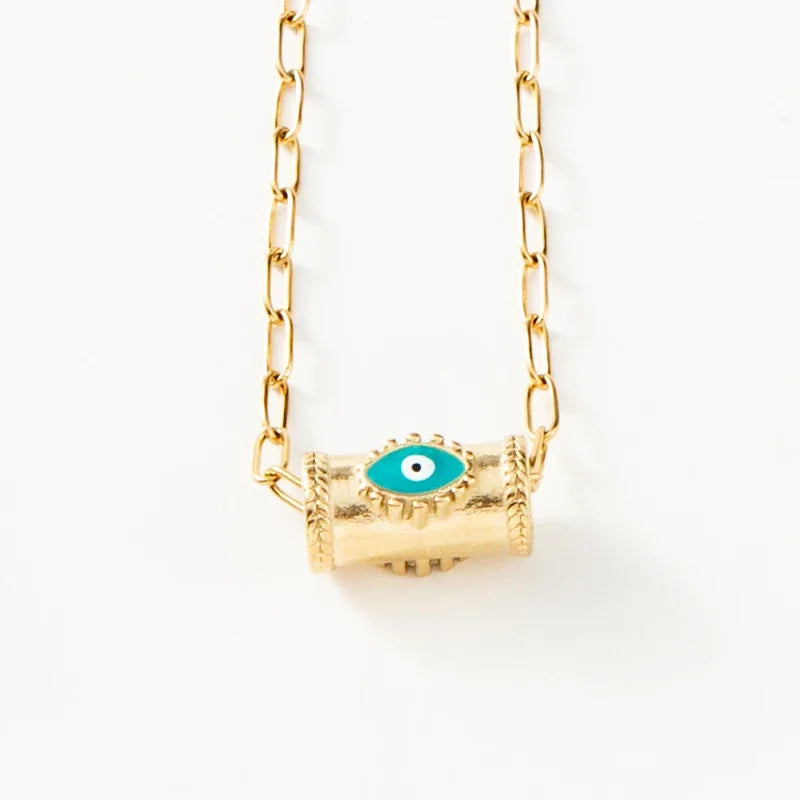Stainless Steel Snake Chain Round Oval Evil Eye Charms Pendant Neckalce For Women Inlaid Natural Stone Clavicle Necklace Jewelry