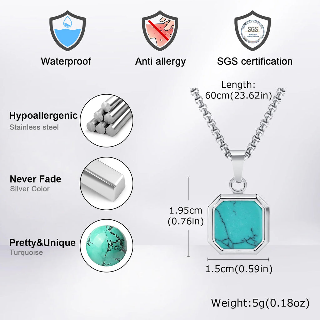 Vnox Turquoise Pendant Necklace for Men, Stainless Steel Box Chain Geometric Square Compass Natural Stone Vintage Jewelry Gift
