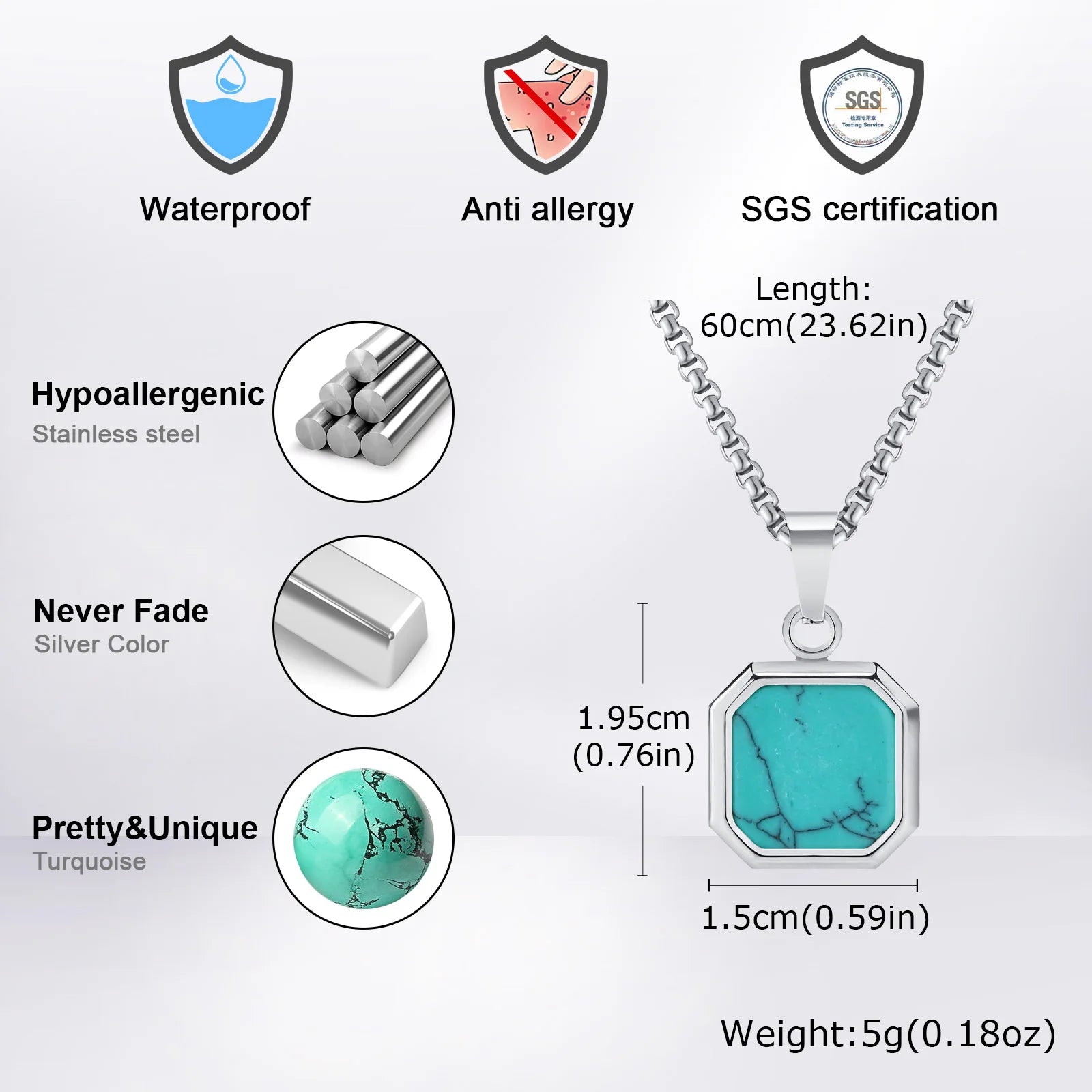 Vnox Turquoise Pendant Necklace for Men, Stainless Steel Box Chain Geometric Square Compass Natural Stone Vintage Jewelry Gift