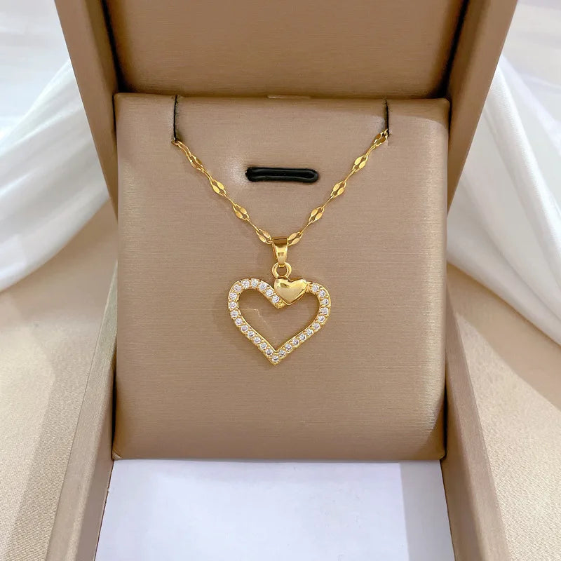 Luxury Full Zicron Shiny Heart Necklace for Women Titanium Steel Gold Color Anti-Tarnish Romantic Pendant Necklace