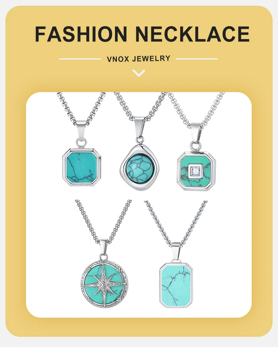 Vnox Turquoise Pendant Necklace for Men, Stainless Steel Box Chain Geometric Square Compass Natural Stone Vintage Jewelry Gift